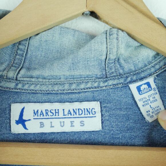 Vintage Large Jacket Denim Chambray Hoodie Fall 90s Normcore Utility Preppy - Picture 2 of 9